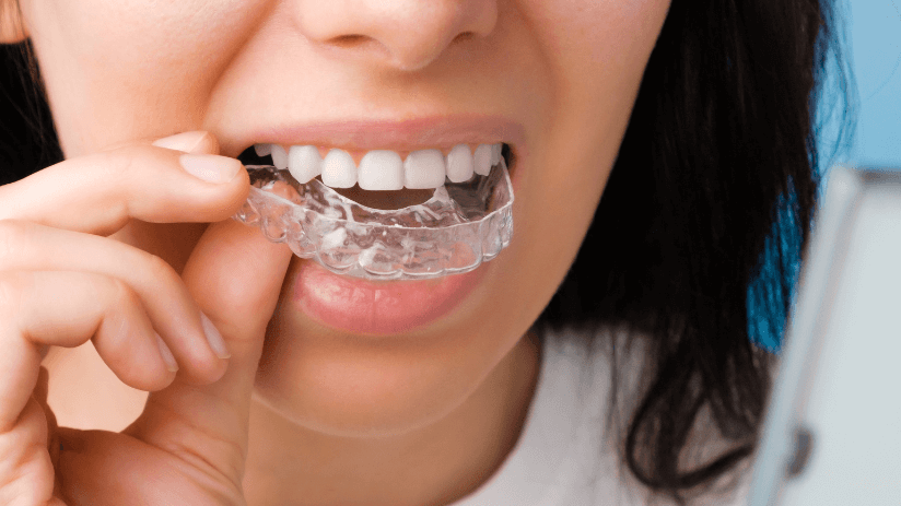 Woman placing Invisalign braces into her mouth in Midhurst, West Sussex