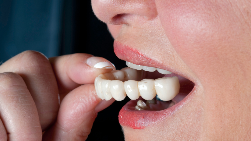 woman putting in a set of veneers