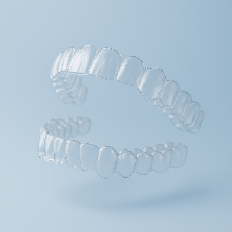 Invisalign aligners on light blue backdrop, modern design